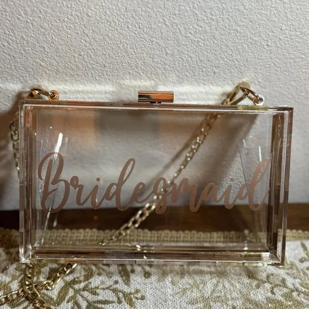 Acrylic Clear Clutch “Bridesmaid” with Gold Toned Clasp and Chain . Crossbody.